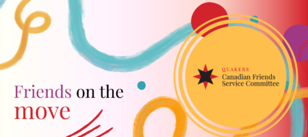 Children walk down train tracks with the words "Friends on the Move"