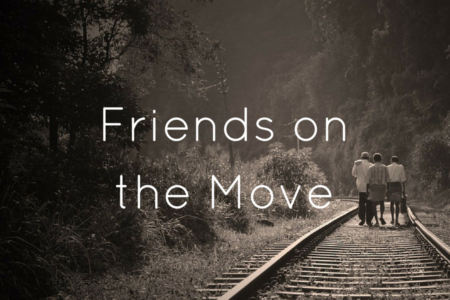 Children walk down train tracks with the words "Friends on the Move"