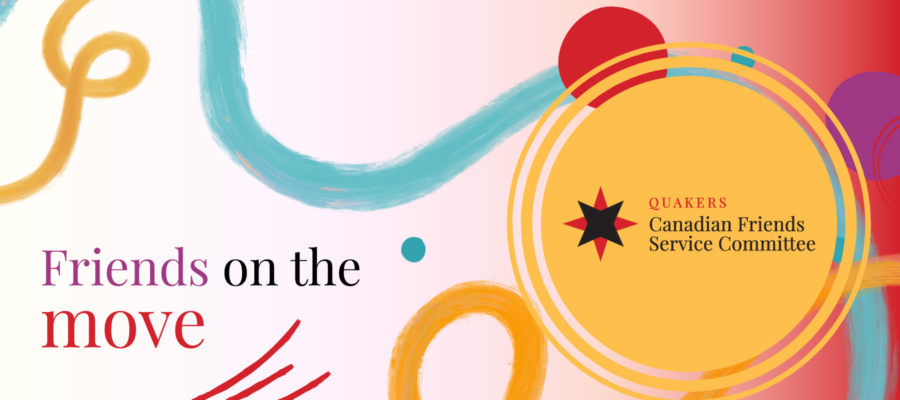 Children walk down train tracks with the words "Friends on the Move"