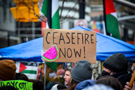 Protesters in Toronto hold up signs calling for Canada to support a ceasefire in Gaza, Dec 2023