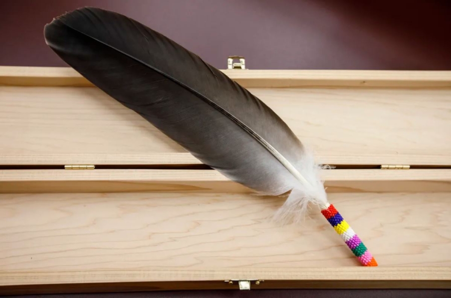 An eagle feather used by some Indigenous people to swear oaths in Alberta's courts