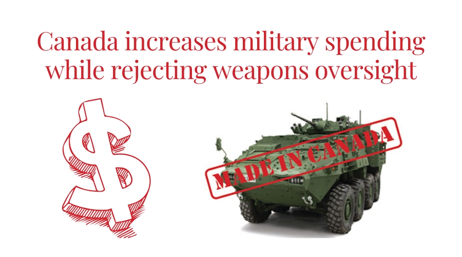 "Canada increases military spending while rejecting weapons oversight" with image of dollarsign and light armoured vehicle with a "made in Canada" stamp on it